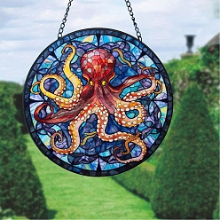 Octopus Stained Acrylic Window Hanger Panel, with Metal Chain and Jump Rings, for Suncatcher Window Hanging Decoration, Octopus, 150x2mm