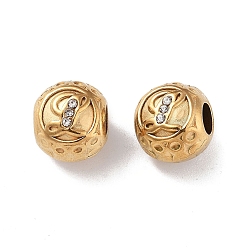 Letter L 304 Stainless Steel Rhinestone European Beads, Round Large Hole Beads, Real 18K Gold Plated, Round with Letter, Letter L, 11x10mm, Hole: 4mm