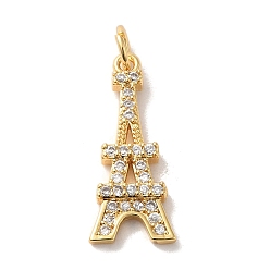 Real 14K Gold Plated Brass Cubic Zirconia Pendants, with Jump Ring, Eiffel Tower, Real 14K Gold Plated, 21.5x19x2.5mm, Hole: 3.5mm