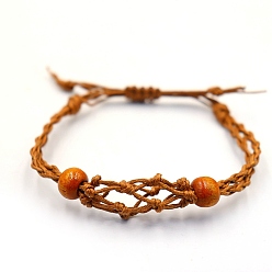 Chocolate Adjustable Braided Cotton Cord Macrame Pouch Bracelet Making, Interchangeable Stone, with Wood Beads, Chocolate, 900mm, Pouch: 30~35mm