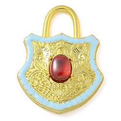 Светло-Голубой Стеклянные подвески из латуни с покрытием стойки, с эмалью, долговечный, без свинца и без кадмия, реальный 18 k позолоченный, запирать, Небесно-голубой, 40x30x5.5 мм, отверстие : 9x8 мм