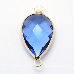 Royal Blue Golden Tone Brass Glass Teardrop Links connectors, Royal Blue, 21x11x5mm, Hole: 2mm