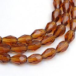 Saddle Brown Transparent Glass Bead Strands, Faceted Teardrop, Saddle Brown, 8x6mm, Hole: 1mm, about 66~68pcs/strand, 19.6 inch