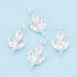 Серебро Подвески-соединители из латуни, прозрачные фианиты в виде листьев, без никеля , серебряные, 18x9.5x3~4 мм, отверстие : 1~1.2 мм