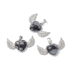 Snowflake Obsidian Natural Snowflake Obsidian Pendants, Heart Charms with Wing, with Platinum Tone Brass Findings, 22x37.5x7mm, Hole: 7.5x5mm