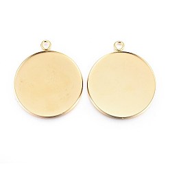 Golden Rack Plating 304 Stainless Steel Pendant Cabochon Settings, Plain Edge Bezel Cups, Flat Round, Real 24K Gold Plated, Tray: 30mm, 36.5x32x2mm, Hole: 3mm