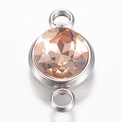 Light Peach Glass Links connectors, Faceted, with 304 Stainless Steel Findings, Flat Round, Stainless Steel Color, Light Peach, 17.5x10x6.5mm, Hole: 2.5mm