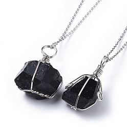 Black Natural Tourmaline Pendant Necklaces, with 304 Stainless Steel Cable Chains and Lobster Clasps, Packing Box, Black, 17.52 inch(44.5cm), 1.5mm