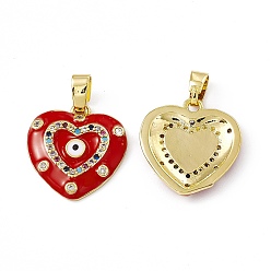 Red Brass Enamel Pendants, Micro Pave Cubic Zirconia, with Glass Rhinestone, Real 18K Gold Plated, Heart with Evi Eye Charm, Red, 17.5x16x2.5mm, Hole: 5x2mm