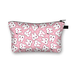 Pink Cartoon Tooth Print Polyester Cosmetic Zipper Bag, Clutch Bags Ladies' Large Capacity Travel Storage Bag, Pink, 21.5x13cm