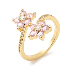 Pink Cubic Zirconia Flower Open Cuff Rings, Real 16K Gold Plated Brass Jewelry for Women, Pink, US Size 6(16.5mm)
