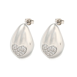 Platinum Brass with Cubic Zirconia Stud Earrings, Teardrop, Platinum, 21x14mm