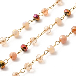PeachPuff Ion Plating(IP) Real 18K Gold Plated 316 Surgical Stainless Steel Link Chains, with Glass Round Beads, Soldered, with Spool, PeachPuff, 2.5x3mm, Bead: 3x2.5mm