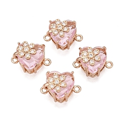 Pink Подвески-коннекторы из латуни с микропаве из прозрачного кубического циркония и стекла, ссылки на узор в виде сердца с цветами, золотые, розовые, 12x17.5x10 мм, отверстие : 1.6~1.8 мм