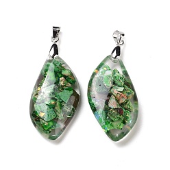 Green Transparent Resin Natural Imperial Jasper Dyed Chips Pendants, with Platinum Tone Brass Findings, Leaf Charm, Green, 34.5x18x8mm, Hole: 5x4mm