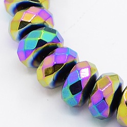 Multi-color Plated Grade A Electroplate Non-magnetic Synthetic Hematite Beads Strands, Faceted, Rondelle, Multi-color Plated, 8x3mm, Hole: 1mm, about 111pcs/strand, 15.5 inch