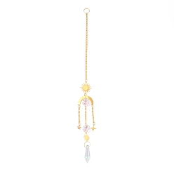 Golden Hanging Crystal Aurora Wind Chimes, with Prismatic Pendant and Moon & Sun Iron Link, for Home Window Chandelier Decoration, Golden, 330x2.5mm
