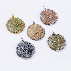 Mixed Stone Natural & Synthetic Mixed Stone Big Pendants, Wire Wrapped Pendants, with Brass Findings, Flat Round with Tree of Life, Platinum & Golden, 56x45x9.5mm, Hole: 4x6mm