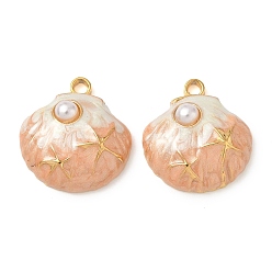 Легкий Лосось 304 нержавеющей стальной эмали подвески, с пластмассовой жемчужиной abs, в форме ракушки с подвесками в виде морских звезд, реальный 18 k позолоченный, вакуумное покрытие pvd, светлый померанцевый, 20x18.5x6 мм, отверстие : 2 мм