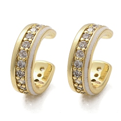 Белый C-образные латунные серьги-каффы с микропаве из кубического циркония, с эмалью, долговечный, без кадмия и без свинца, стойки покрытие, реальный 18 k позолоченный, белые, 11x3.5x10 мм