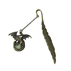 Antique Bronze Luminous Alloy Bookmarks, Glow in the Dark Feather Bookmarks, Dragon Pendant Book Marker, with Cable Chains, Antique Bronze, 115mm