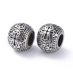 Antique Silver 304 Stainless Steel Beads, Large Hole Beads, Rondelle with Cross, Antique Silver, 13x10mm, Hole: 5.5mm