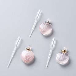 Rose Quartz Natural Rose Quartz Openable Perfume Bottle Pendants, with 304 Stainless Steel Findings and Plastic Transfer Pipettes, Heart, 37.5~38x25~25.5x11~12mm, Hole: 1.6mm, 1pc/set, Capacity: 2.5ml(0.08 fl. oz)