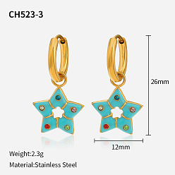 Blue earrings Colorful Oil Drop Inlaid Diamond Pentagram Earrings - Unique Design, Hollow Stainless Steel Ear Studs.