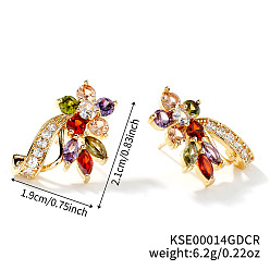 Разноцветный Элегантные серьги-гвоздики в форме листьев со стразами из латуни, с тонким дизайном и сверкающими деталями, золотые, красочный, 21x19 мм