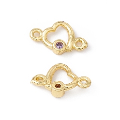 Medium Purple Brass Micro Pave Cubic Zirconia Links Connectors, Real 18K Gold Plated, Heart, Medium Purple, 6x9.5x2mm, Hole: 0.9mm