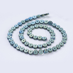 Green Plated Electroplate Non-magnetic Synthetic Hematite Beads Strands, Frosted, Flat Round with Flower, Green Plated, 6x2mm, Hole: 1mm, about 66pcs/strand, 15.9 inch(40.5cm)