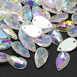 Разноцветный Шить на горный хрусталь, Тайвань акриловые горный хрусталь, два отверстия, аксессуары для одежды, Грановитая Teardrop, красочный, 13x8x3.5 мм, отверстие: 1 мм