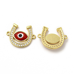 Red Rack Plating Real 18K Gold Plated Brass Micro Pave Clear Cubic Zirconia Connector Charms, Horseshoe Links, with Handmade Evil Eye Lampwork, Cadmium Free & Lead Free, Long-Lasting, Red, 18.5x23x4mm, Hole: 1.5mm