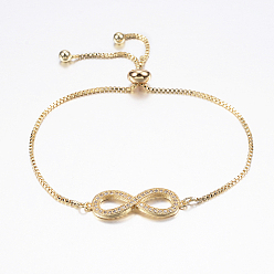 Doré  Bracelets bolo réglables en laiton, bracelets de slider, avec zircone et chaînes, infini, or, 10-5/8 pouces (270 mm)