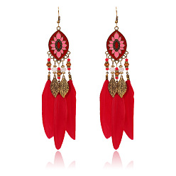 Red Bohemian Ethnic Style Beaded Leaf Tassel Feather Earrings Colorful Drip Oil Ear Studs