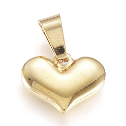 Golden 304 Stainless Steel Pendants, Large Hole Pendants, Puffed Heart, Golden, 11x15x3mm, Hole: 7mm