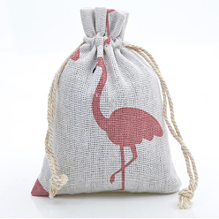 Flamingo Shape Linenette Drawstring Bags, Rectangle, Flamingo Pattern, 18x13cm