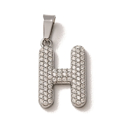 Letter H 304 Stainless Steel Micro Pave Clear Cubic Zirconia Pendants, Letter Charms, Stainless Steel Color, Letter H, 18x11.5x2.5mm, Hole: 6x2.5mm
