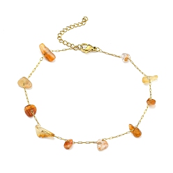 Красный Агат Браслет на ногу из натуральной сердоликовой крошки с золотым вакуумным покрытием 304 из нержавеющей стали для женщин, 8-7/8~9-1/8 дюйм (22.4~23 см)