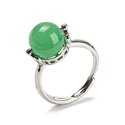 Зеленый Авантюрин Круглые регулируемые кольца из натурального зеленого авантюрина, платиновое латунное кольцо, размер США 7 1/4 (17.5 мм)