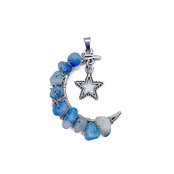 Blue Aventurine Natural Blue Aventurinewith Chips Moon with Alloy Star Pendant Necklaces, with Stainless Steel Chains, 18.90~19.69 inch(48~50cm)