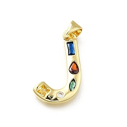 Letter J Латунные микропаве прозрачные подвески с фианитом, с целью перехода в кольце, без свинца и без кадмия, долговечный, стойки покрытие, письмо амулеты, реальный 18 k позолоченный, буква J, 19~21x9.5~20x2.7 мм, Перейти кольцо: 5x1 мм, 3 mm внутреннего диаметра.
