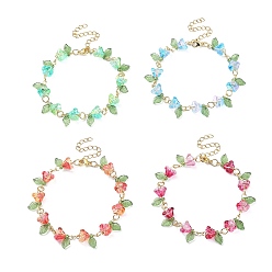 Mixed Color 4Pcs 4 Color Acrylic & Glass Beaded Flower Linnk Chain Bracelets Set, Golden 304 Stainless Steel Jewelry for Women, Mixed Color, 7-1/8 inch(18.2cm), 1Pc/color
