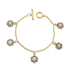 Colorful Alloy Rhinestone Snowflake Charm Bracelet with Acrylic Imitation Pearl Beaded, Golden Iron Cable Chains Bracelet, Colorful, 7-1/2 inch(18.9cm)