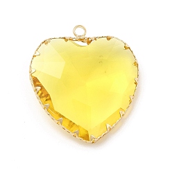 Lt.Col.Topaz K9 Glass Pendants, Heart Charms, with Light Gold Tone Brass Findings, Faceted, Lt.Col.Topaz, 31x28x9mm, Hole: 2mm