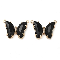 Black Brass Pave Faceted Glass Connector Charms, Golden Tone Butterfly Links, Black, 17.5x23x5mm, Hole: 0.9mm