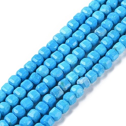 Deep Sky Blue Natural Howlite Beads Strands, Dyed, Faceted Cube, Deep Sky Blue, 5x5x5mm, Hole: 0.8mm, about 78pcs/strand, 15.20~15.35 inch(38.6~39cm)