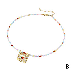 Red Diamond Fashion Glass Rice Bead Necklace with Devil Eye Pendant - Short, Unique, Diamond Inlay