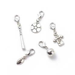 Antique Silver Tibetan Style Alloy Sports Theme Pendant Decorations, with Lobster Claw Clasps, Football/Rugby/Baseball Bat/Jersey/Basketball Clip-on Charms, Antique Silver, 29~51mm