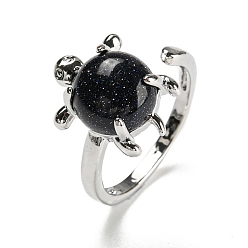 Blue Goldstone Synthetic Blue Goldstone Tortoise Open Cuff Ring, Platinum Brass Ring, US Size 8 1/2(18.5mm)